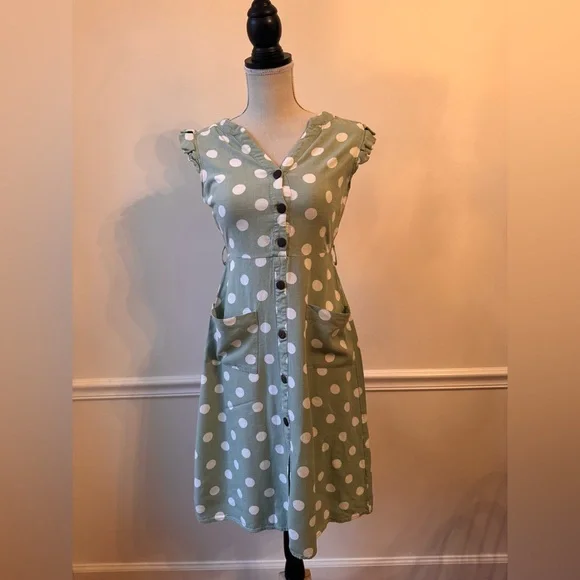 Monteau Green Linen Blend Polka Dot Midi Dress - Size Small - Picture 7 of 11